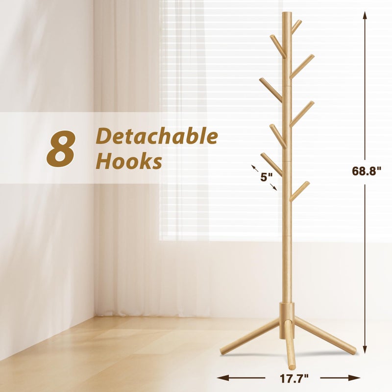 Azaeahom Wooden Coat Rack Stand, Free Standing Coat Rack with 8 Hooks 3 Adjustable Heights for Clothes, Hats, Handbags, Coat Tree Easy Assembly for Entryway, Bedroom, Hallway, Office (New Nature) - Image 4